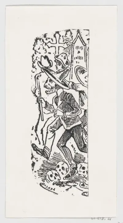 A skeleton running with a crowbar in his hand, from a broadside entitled ' Calavera llorando el hueso'