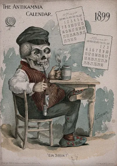 A skeleton smoking a pipe and drinking beer