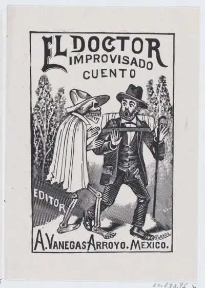 A skeleton wearing a cape speaking to a frightened man with a cane and backpack, illustration for 'El Doctor Improvisado (The Impromptu Doctor)' edited by Antonio Vanegas Arroyo
