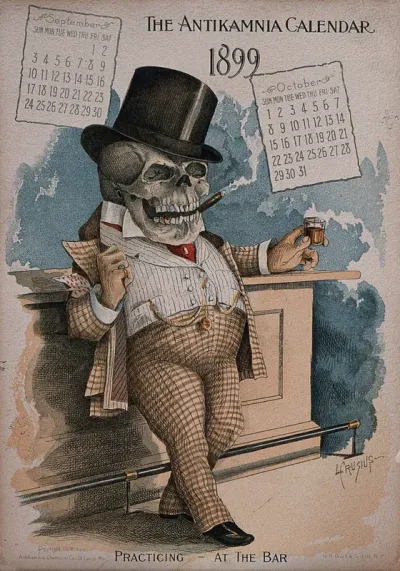 A skeleton with a cigar, standing at a bar holding a drink