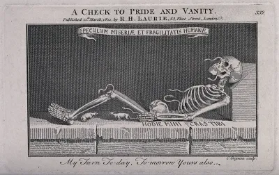 A skeleton with snakes and rats