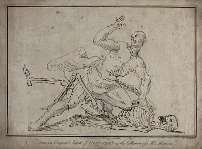 A skeleton wrestling with a man, the man seems to be winning