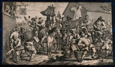 A skimmington or charivari: people make noise and are violent in the street as a form of rough justice exercised by women against men; on the right Hudibras enters on horseback, and is hit in the eye by a thrown egg