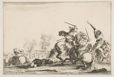 A skirmish, two horsemen battling with swords to the right, men carrying a flag running away towards the right, a dead man on the ground and a horseman seen from behind to the left, from "Varie figure"