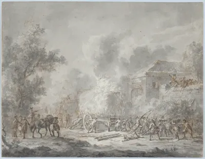 A Skirmish with Soldiers Near a Farm (recto); Sketch with Soldiers (verso)