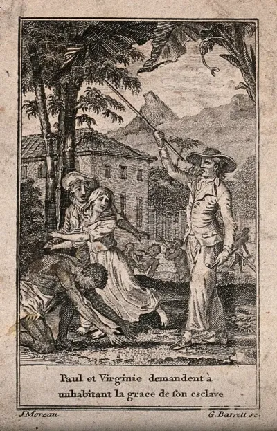 A slave is kneeling on the ground as Paul and Virginie try to protect him from a slave-owner holding a pipe and a stick