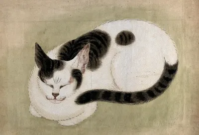 A sleeping cat. Gouache, 18--