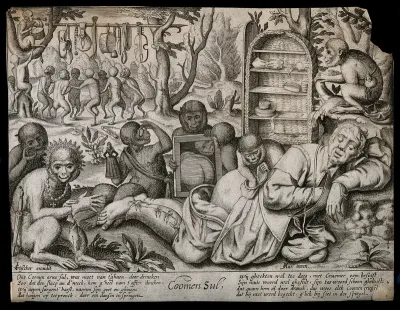 A sleeping pedlar's posterior is examined by monkeys, who play with his goods