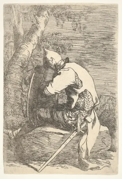 A sleeping warrior seated on a rock and leaning on his shield, from "Figurine"