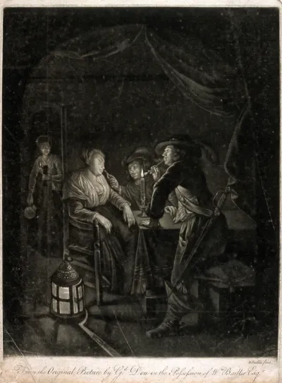 A sleeping woman being provoked by two men with tobacco pipes