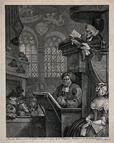 A sleepy congregation in a country church with one clergyman reading the serman with the aid of a magnifying glass and the other ogling a sleeping woman