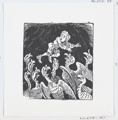 A small boy being fed to vultures, an illustration to 'The King and His Three Sons'