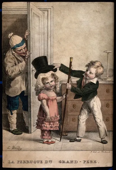 A small boy places his grandfather's wig and hat on his younger sister; the grandfather looks on with amusement