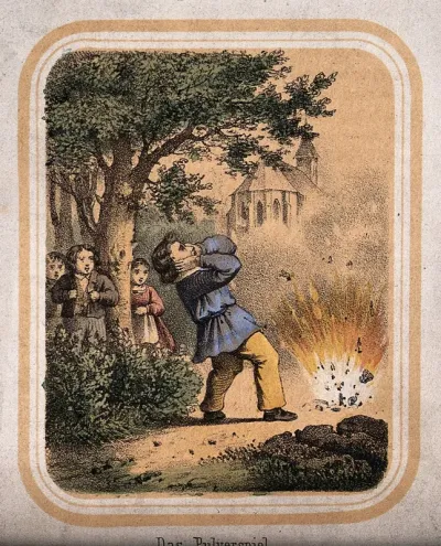 A small boy puts his hands over his ears as a firecracker explodes in front of him
