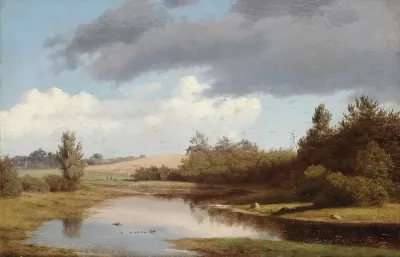 A small lake with birds, in the background a copule working in the field.