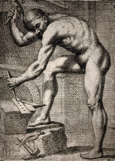 A smith makes holes in a sheet of metal on an anvil, other tools lie nearby