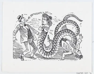 A snake with a woman's head slithering towards a scared man, an illustration from 'The Ballad of the Snake Woman' (reprinted 1930)