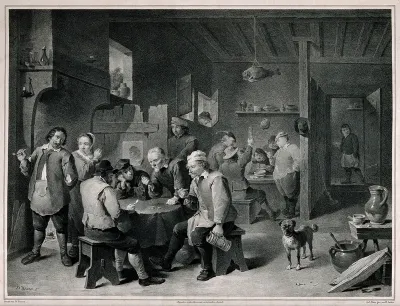 A society lunch with patrons playing dice, smoking and drinking