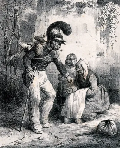 A soldier bends down to put some money into the hand of an old lady who is sitting on the side of the road