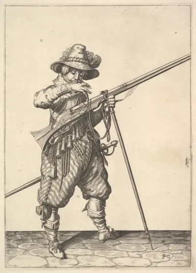 A soldier blowing on a match, from the Musketeers series, plate 40, in "Wapenhandelinghe van Roers Musquetten Ende Spiessen" (The Exercise of Arms)