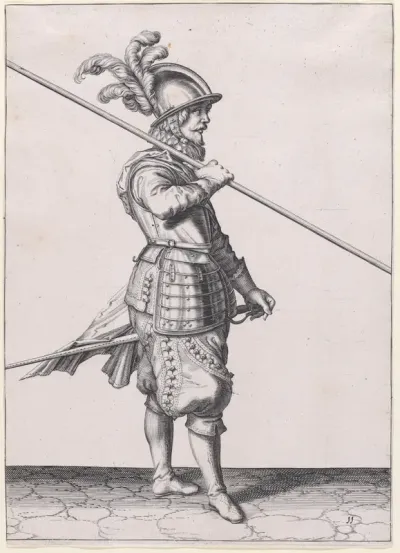 A soldier carrying his pike at the slope, from the Lansquenets series, plate 11, in "Waffenhandlung von den Rören Musquetten undt Spiessen / Wapenhandelinghe van Roers Musquetten ende Spiessen" (The Exercise of Arms)
