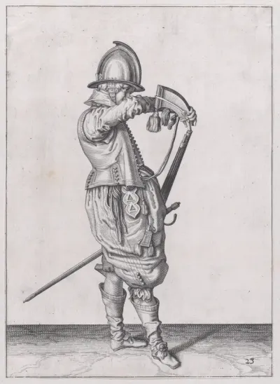 A soldier charging his caliver which is held stock down, from the Marksmen series, plate 23, in "Waffenhandlung von den Rören Musquetten undt Spiessen / Wapenhandelinghe van Roers Musquetten ende Spiessen" (The Exercise of Arms)