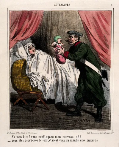 A soldier confiscates a baby from its mother in the night, because the baby has violated the curfew