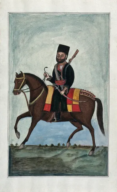 A soldier, holding a sword, riding on a horse
