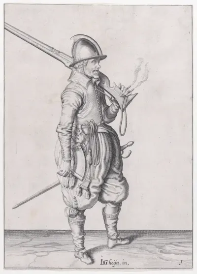 A soldier holding his caliver, from the Marksmen series, plate 1, in "Waffenhandlung von den Rören Musquetten undt Spiessen / Wapenhandelinghe van Roers Musquetten Ende Spiessen" (The Exercise of Arms)