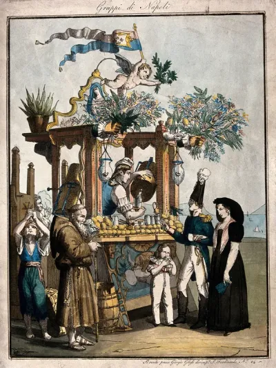 A soldier in Naples accompanied by a young woman asking for water from a Spanish water seller