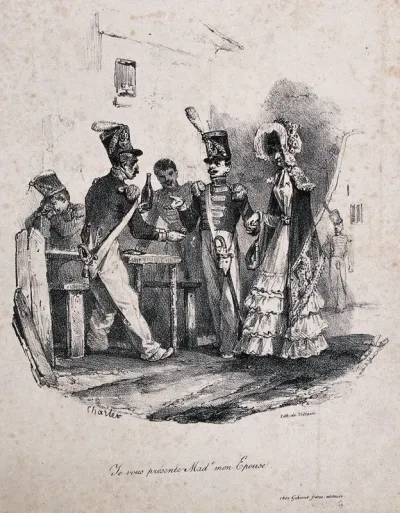 A soldier introducing his wife to his comrades, who are getting drunk outside their barracks