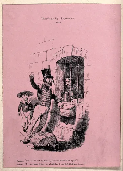 A soldier, leaning against the window ledge of a prison window with a large empty flask on the ground, is conversing with a prisoner who is looking through the bars while holding a tankard in his hand