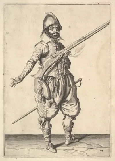A soldier on guard freeing his right hand, from the Marksmen series, plate 37, in "Wapenhandelinghe van Roers Musquetten Ende Spiessen" (The Exercise of Arms)