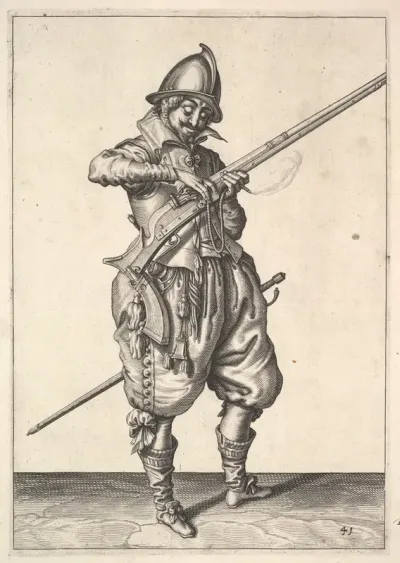 A soldier on guard shaping the match between his thumb and his forefinger, from the Marksmen series, plate 41, in "Wapenhandelinghe van Roers Musquetten Ende Spiessen" (The Exercise of Arms)