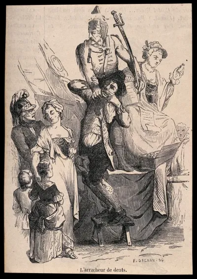 A soldier on stage using a sword to extract a tooth from a man