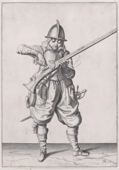 A soldier pouring powder into the pan, from the Marksmen series, plate 16, in "Waffenhandlung von den Rören Musquetten undt Spiessen / Wapenhandelinghe van Roers Musquetten ende Spiessen" (The Exercise of Arms)
