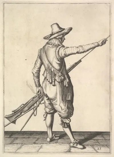 A soldier pulling out the ramrod from its holder, from the Musketeers series, plate 25, in "Wapenhandelinghe van Roers Musquetten Ende Spiessen" (The Exercise of Arms)