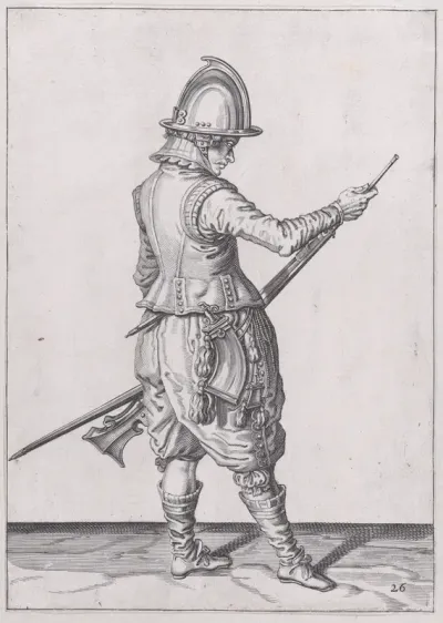 A soldier ramming home powder and bullet with the ramrod, from the Marksmen series, plate 26, in "Waffenhandlung von den Rören Musquetten undt Spiessen / Wapenhandelinghe van Roers Musquetten ende Spiessen" (The Exercise of Arms)