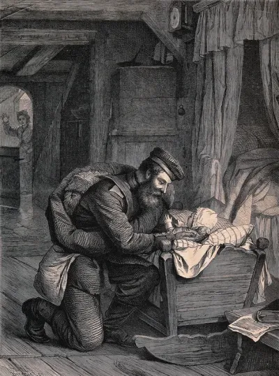 A soldier returns and goes first to embrace his child, his wife in the background waves to remind him of her presence also