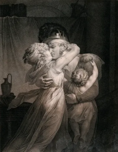 A soldier returns and is greeted with great affection by his wife and child