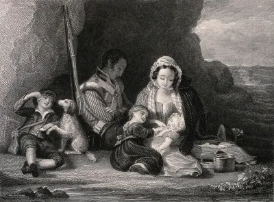 A soldier's family rest in a small cove, his wife amuses the children while he sleeps