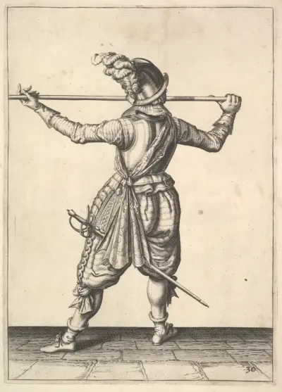 A soldier, seen from the rear, while turning to the right and holding his pike horizontally, from the Lansquenets series, plate 30, in "Wapenhandelinghe van Roers Musquetten Ende Spiessen" (The Exercise of Arms)