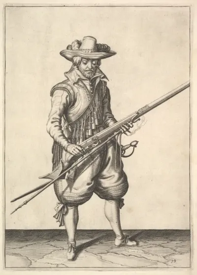 A soldier shaking the powder from the top of the pan, from the Musketeers series, plate 19, in "Wapenhandelinghe van Roers Musquetten Ende Spiessen" (The Exercise of Arms)