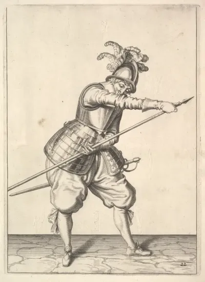 A soldier sliding his right hand along the training-pike, from the Lansquenets series, plate 22, in "Wapenhandelinghe van Roers Musquetten Ende Spiessen" (The Exercise of Arms)