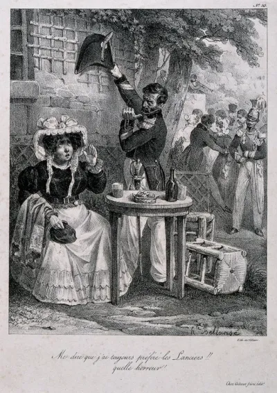 A soldier takes his hat off to a lady at her table but finds that she preferred "les Lanciers"