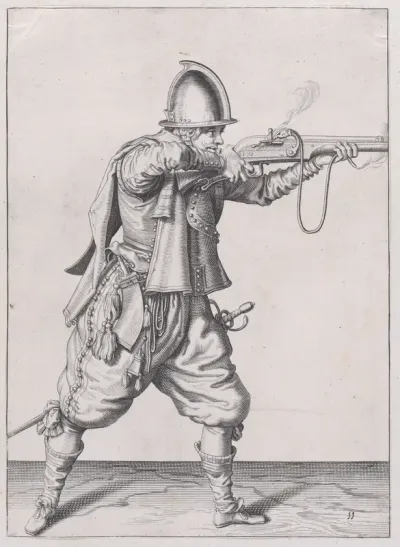A soldier taking aim, from the Marksmen series, plate 11, in "Waffenhandlung von den Rören Musquetten undt Spiessen / Wapenhandelinghe van Roers Musquetten ende Spiessen" (The Exercise of Arms)