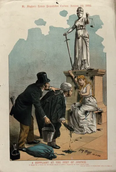 A solicitor and a barrister throw black paint or tar at a woman sitting at the feet of a statue of Justice