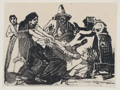 A son strangling his mother while people try to pull him off