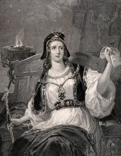 A sorceress. Engraving by G.A. Periam, 1837, after F. Corbaux