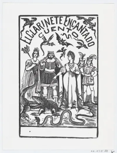 A sorceress pointing her wand at a crocodile while royal figures watch, illustration for 'El Clarinete Encantado'